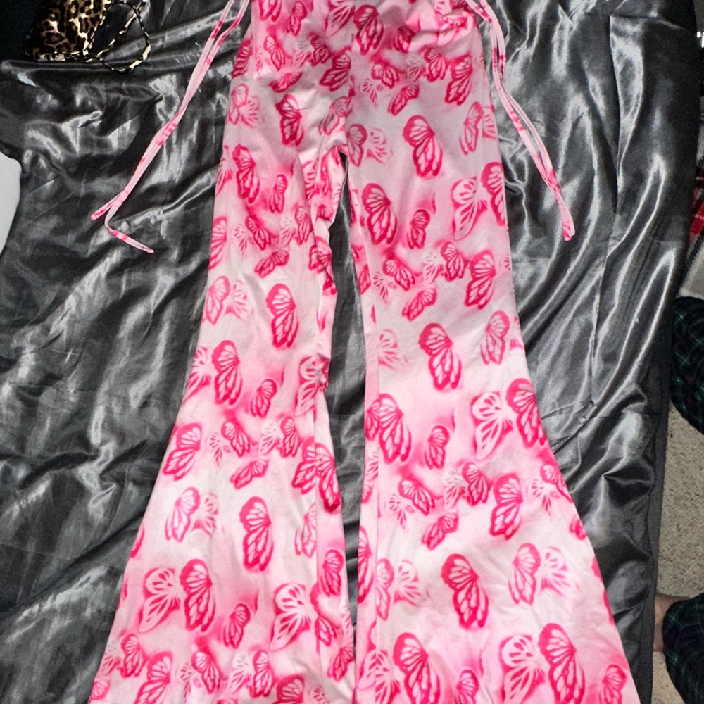 Pink Butterfly Print Flare Pants